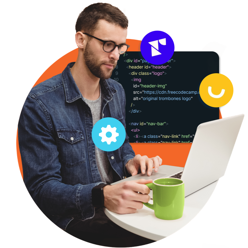 man working on code on a laptop