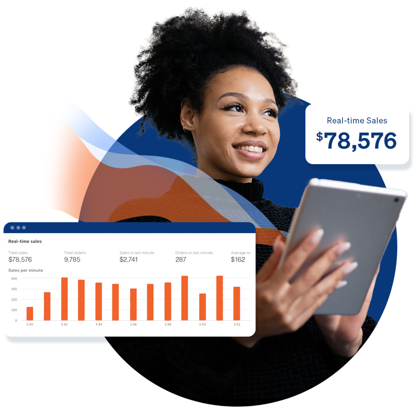 woman with a tablet and bar graph overlaying the picture