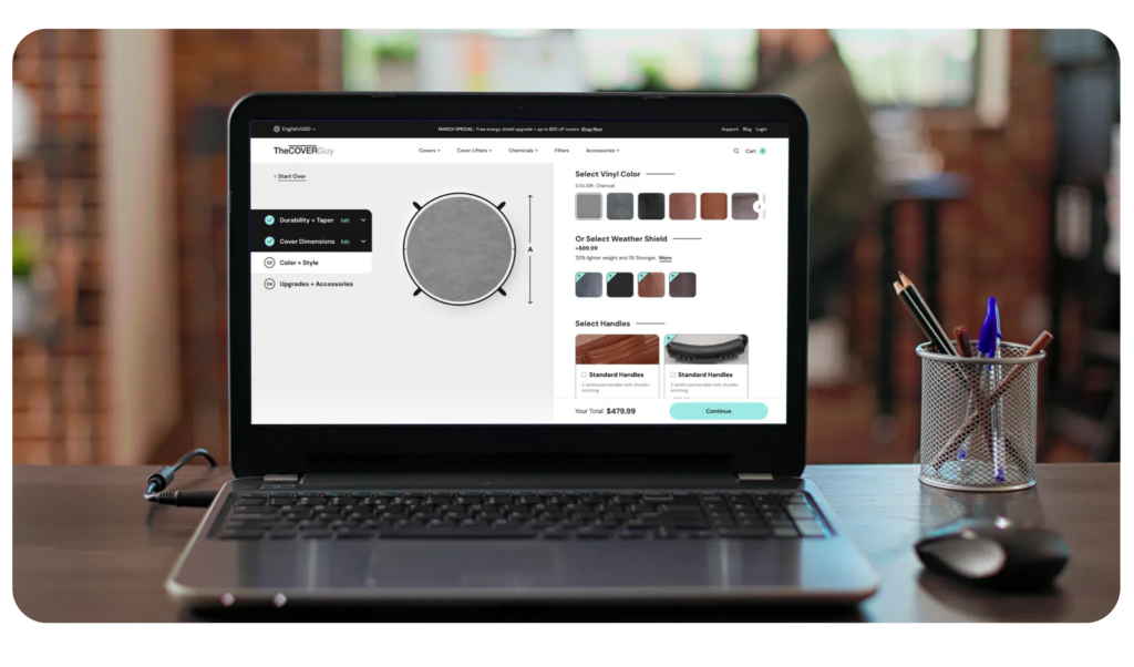 a laptop on a desk with The Cover Guy product page showing the configurator