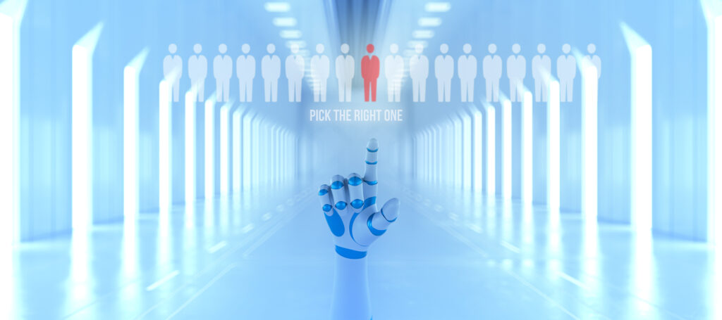 robot hand selecting a person symbol out of many