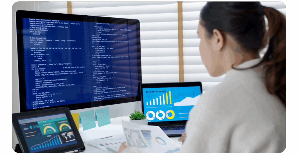 Asia young business woman sit busy at home office desk work code on desktop test IT deep tech ai design skill online html text