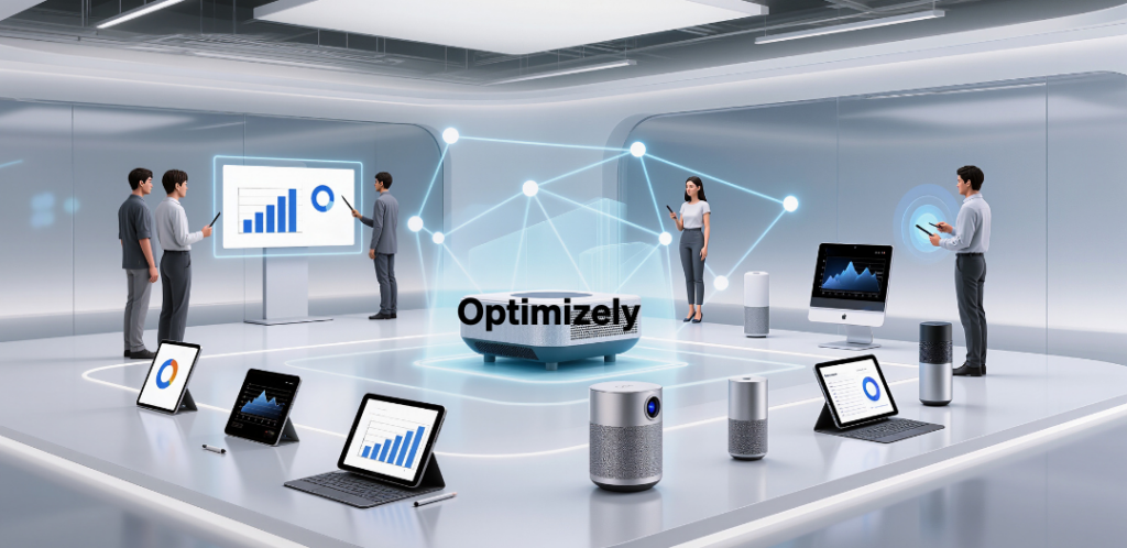AI image of different computers with a central hub with Optimizely superimposed 
