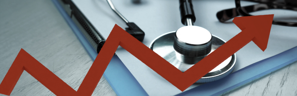 stethoscope, clip board, arrow climbing up