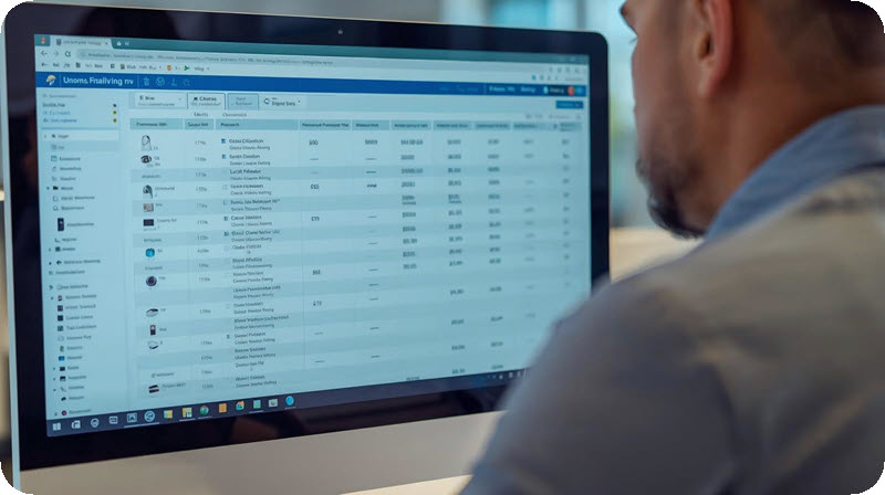 A professional buyer shopping online.  Computer screen shows a table form of products.